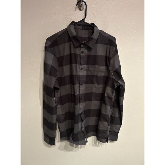 Lululemon Mens Large Masons Peak Flannel Black Gray Button Up Shirt - Picture 1 of 6